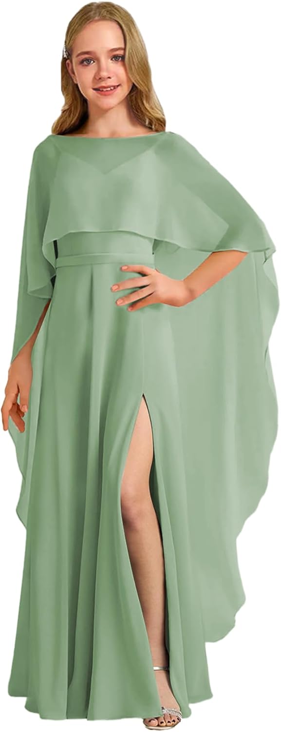 Augday Chiffon Junior Bridesmaid Dress with Cape V-Neck Chiffon A-Line Flower Girl Formal Gown UJR143