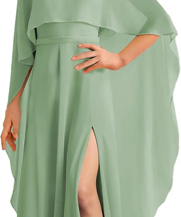 Augday Chiffon Junior Bridesmaid Dress with Cape V-Neck Chiffon A-Line Flower Girl Formal Gown UJR143