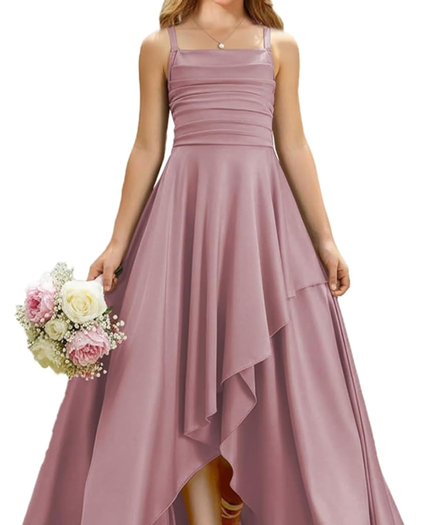 Augday Satin Junior Bridesmaid Dress with Adjustable Straps A-Line Flower Girl Formal Gown UJR150