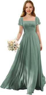 Augday Flutter Sleeves Junior Bridesmaid Dress Square Neck Flower Girl Dresses with Ruffles A Line Wedding Party Gown