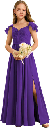 Augday Chiffon Junior Bridesmaid Dress Pleated V-Neck Cap Sleeves A-Line Flower Girl Formal Gown UJR151