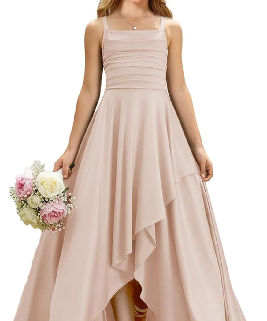 Augday Satin Junior Bridesmaid Dress with Adjustable Straps A-Line Flower Girl Formal Gown UJR150