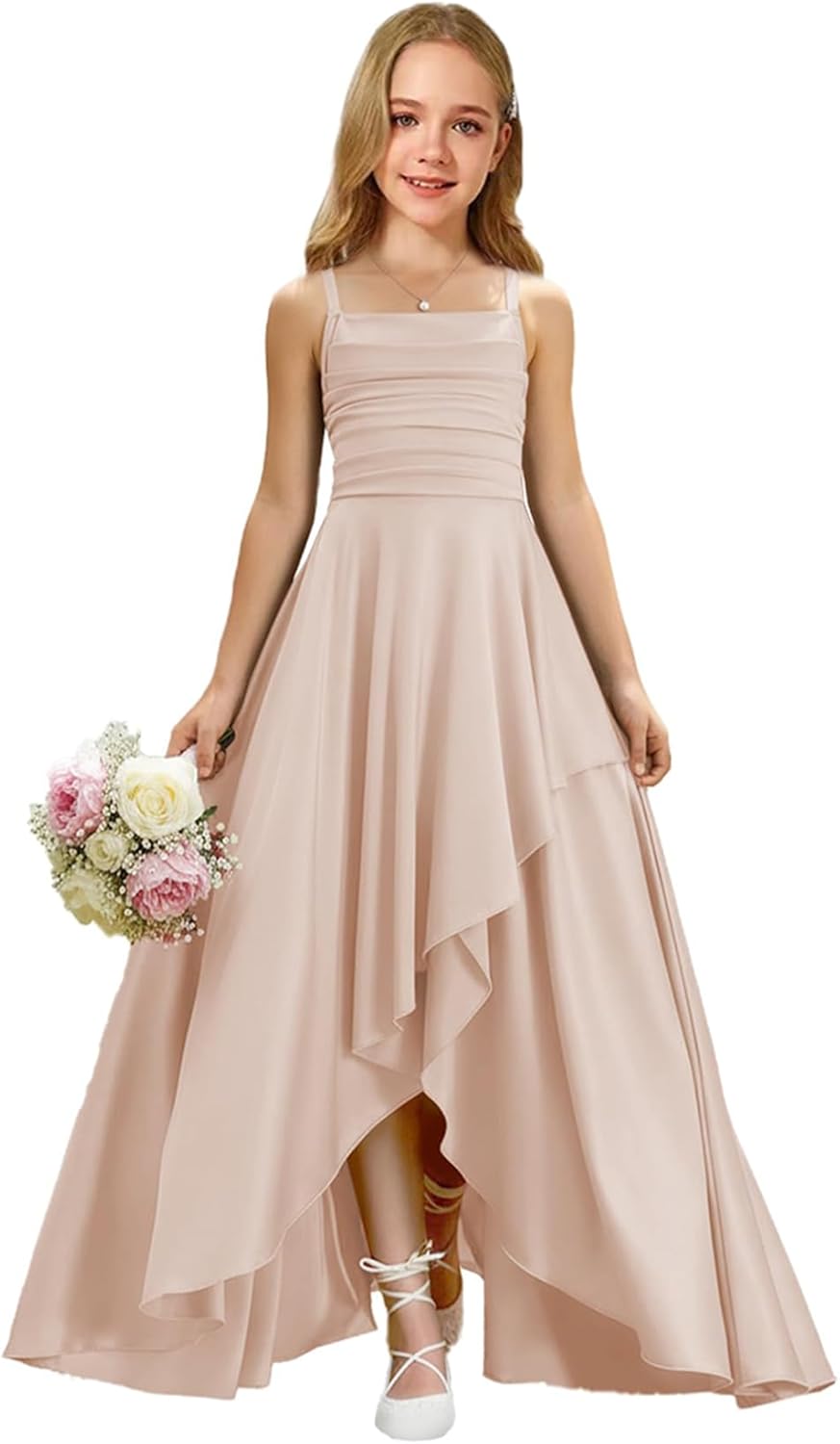 Augday Satin Junior Bridesmaid Dress with Adjustable Straps A-Line Flower Girl Formal Gown UJR150