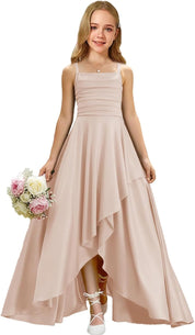 Augday Satin Junior Bridesmaid Dress with Adjustable Straps A-Line Flower Girl Formal Gown UJR150
