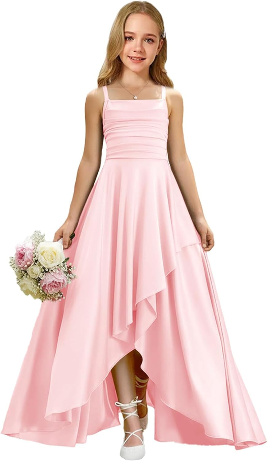 Augday Satin Junior Bridesmaid Dress with Adjustable Straps A-Line Flower Girl Formal Gown UJR150