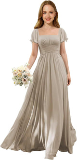 Augday Flutter Sleeves Junior Bridesmaid Dress Square Neck Flower Girl Dresses with Ruffles A Line Wedding Party Gown