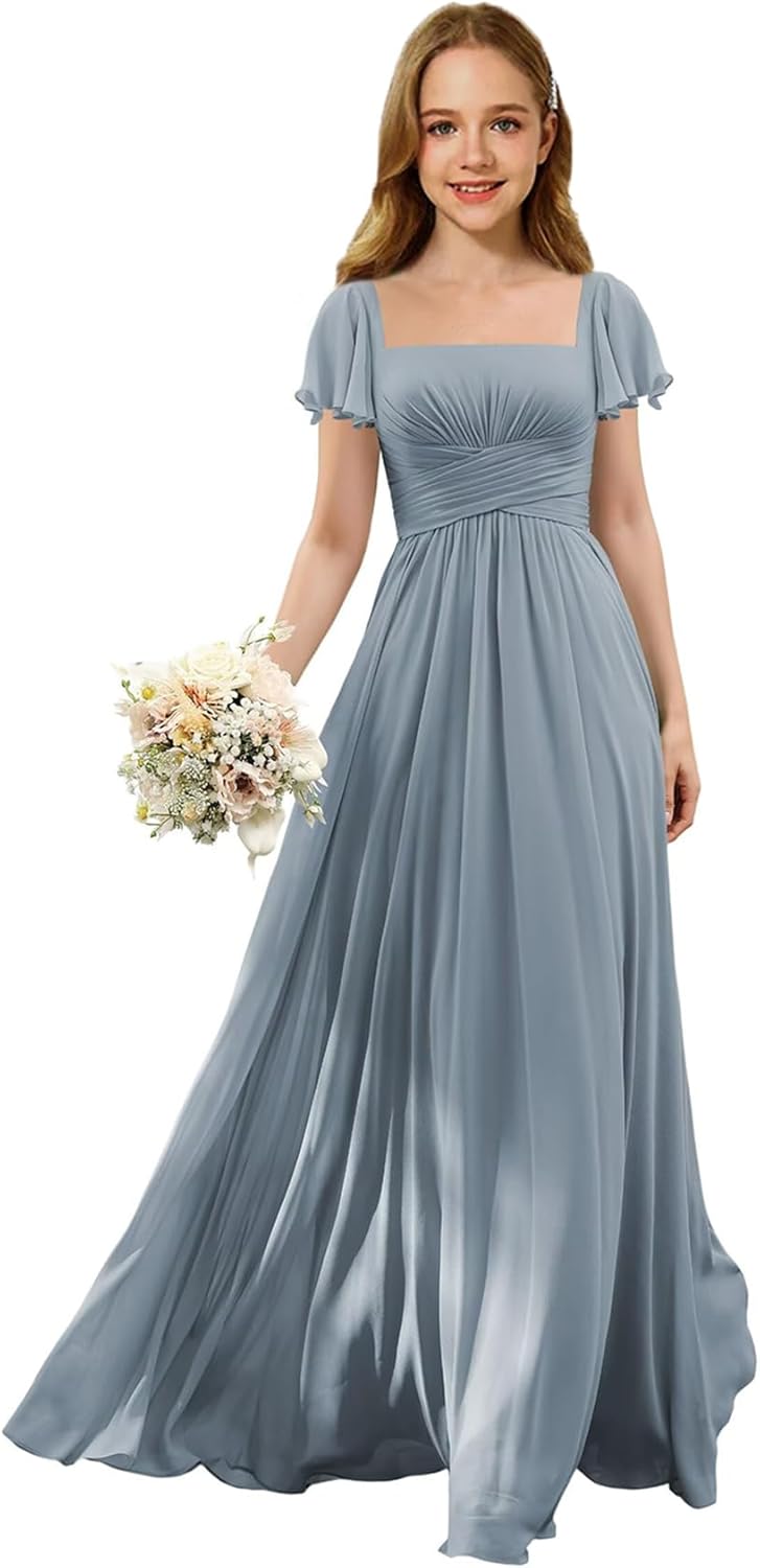 Flutter Sleeves Junior Bridesmaid Dress Square Neck Flower Girl Dresses with Ruffles A Line Wedding Party Gown