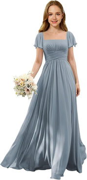 Flutter Sleeves Junior Bridesmaid Dress Square Neck Flower Girl Dresses with Ruffles A Line Wedding Party Gown