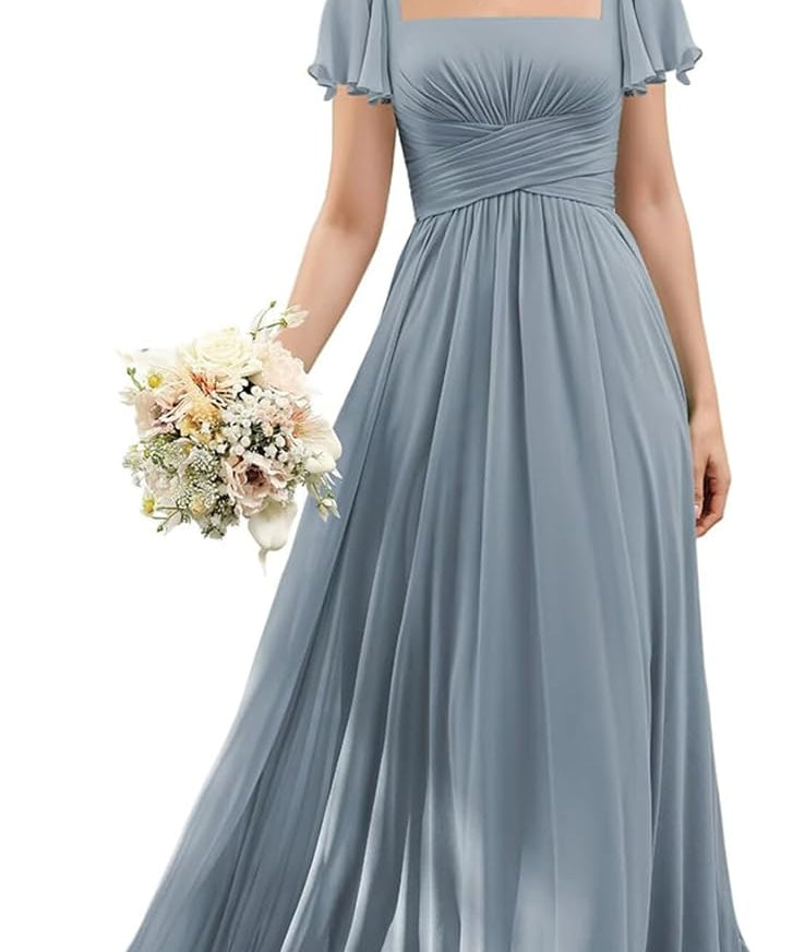 Flutter Sleeves Junior Bridesmaid Dress Square Neck Flower Girl Dresses with Ruffles A Line Wedding Party Gown