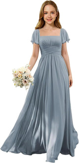 Augday Flutter Sleeves Junior Bridesmaid Dress Square Neck Flower Girl Dresses with Ruffles A Line Wedding Party Gown