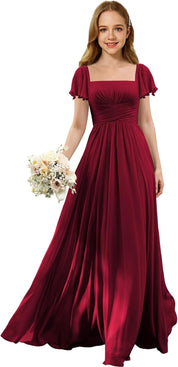 Flutter Sleeves Junior Bridesmaid Dress Square Neck Flower Girl Dresses with Ruffles A Line Wedding Party Gown