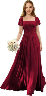 Augday Flutter Sleeves Junior Bridesmaid Dress Square Neck Flower Girl Dresses with Ruffles A Line Wedding Party Gown