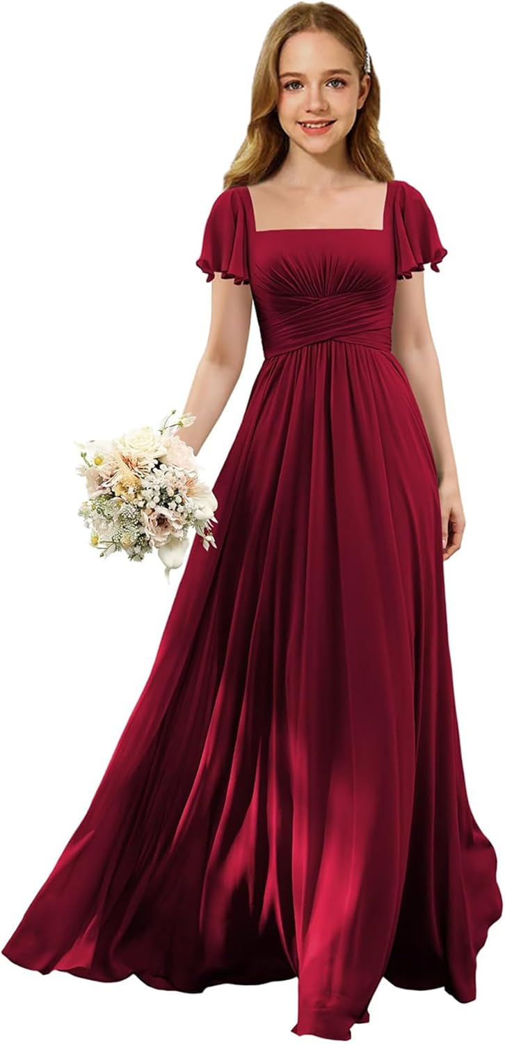 Flutter Sleeves Junior Bridesmaid Dress Square Neck Flower Girl Dresses with Ruffles A Line Wedding Party Gown