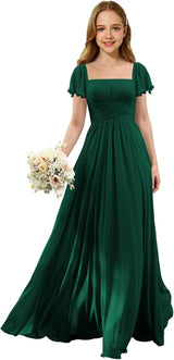 Augday Flutter Sleeves Junior Bridesmaid Dress Square Neck Flower Girl Dresses with Ruffles A Line Wedding Party Gown