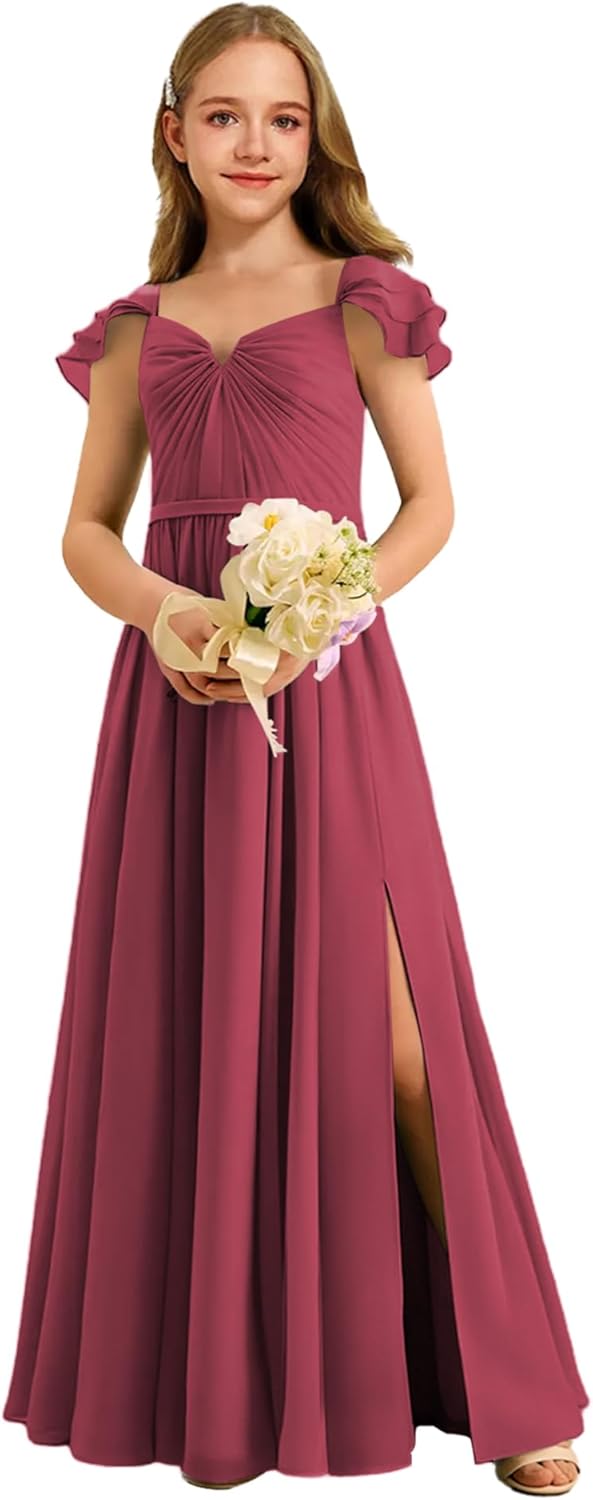 Augday Chiffon Junior Bridesmaid Dress Pleated V-Neck Cap Sleeves A-Line Flower Girl Formal Gown UJR151