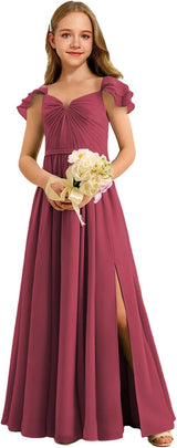 Augday Chiffon Junior Bridesmaid Dress Pleated V-Neck Cap Sleeves A-Line Flower Girl Formal Gown