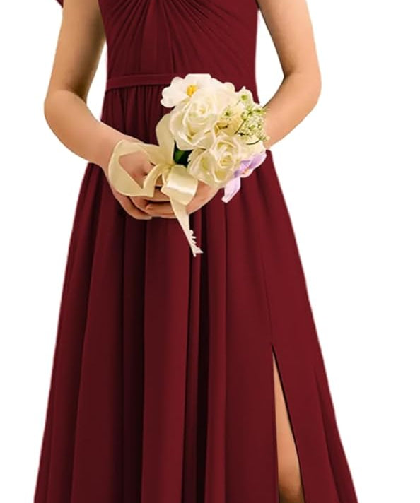 Augday Chiffon Junior Bridesmaid Dress Pleated V-Neck Cap Sleeves A-Line Flower Girl Formal Gown UJR151