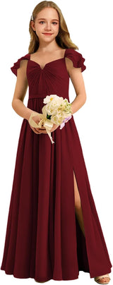 Augday Chiffon Junior Bridesmaid Dress Pleated V-Neck Cap Sleeves A-Line Flower Girl Formal Gown