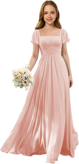 Augday Flutter Sleeves Junior Bridesmaid Dress Square Neck Flower Girl Dresses with Ruffles A Line Wedding Party Gown