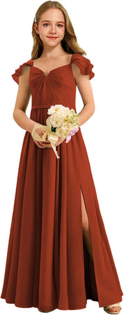 Augday Chiffon Junior Bridesmaid Dress Pleated V-Neck Cap Sleeves A-Line Flower Girl Formal Gown UJR151
