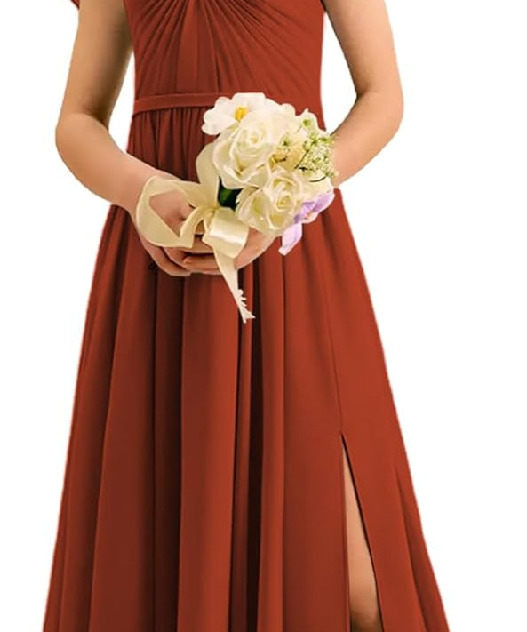 Augday Chiffon Junior Bridesmaid Dress Pleated V-Neck Cap Sleeves A-Line Flower Girl Formal Gown UJR151