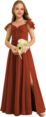 Augday Chiffon Junior Bridesmaid Dress Pleated V-Neck Cap Sleeves A-Line Flower Girl Formal Gown