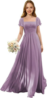Augday Flutter Sleeves Junior Bridesmaid Dress Square Neck Flower Girl Dresses with Ruffles A Line Wedding Party Gown