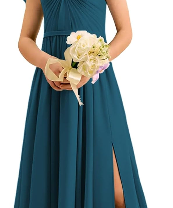 Augday Chiffon Junior Bridesmaid Dress Pleated V-Neck Cap Sleeves A-Line Flower Girl Formal Gown UJR151