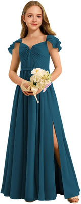 Augday Chiffon Junior Bridesmaid Dress Pleated V-Neck Cap Sleeves A-Line Flower Girl Formal Gown