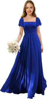 Augday Flutter Sleeves Junior Bridesmaid Dress Square Neck Flower Girl Dresses with Ruffles A Line Wedding Party Gown