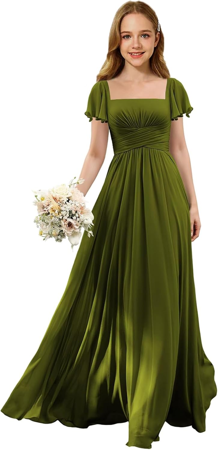 Flutter Sleeves Junior Bridesmaid Dress Square Neck Flower Girl Dresses with Ruffles A Line Wedding Party Gown