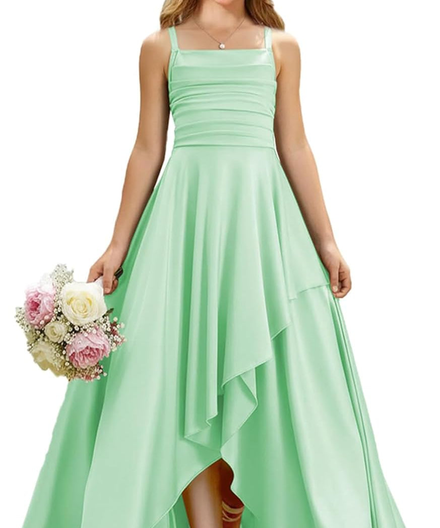 Augday Satin Junior Bridesmaid Dress with Adjustable Straps A-Line Flower Girl Formal Gown UJR150