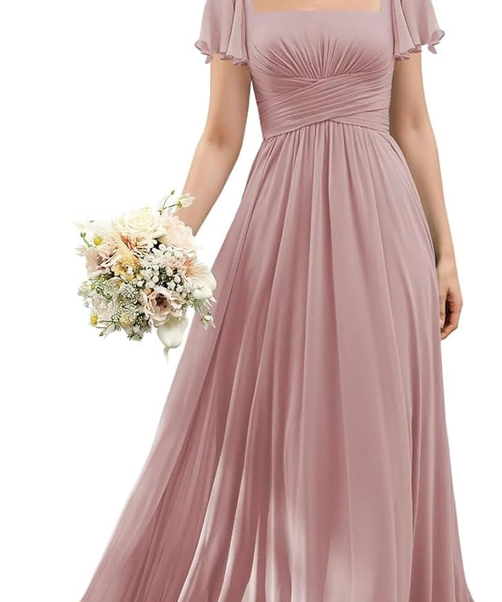 Flutter Sleeves Junior Bridesmaid Dress Square Neck Flower Girl Dresses with Ruffles A Line Wedding Party Gown