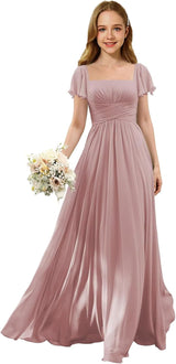 Augday Flutter Sleeves Junior Bridesmaid Dress Square Neck Flower Girl Dresses with Ruffles A Line Wedding Party Gown