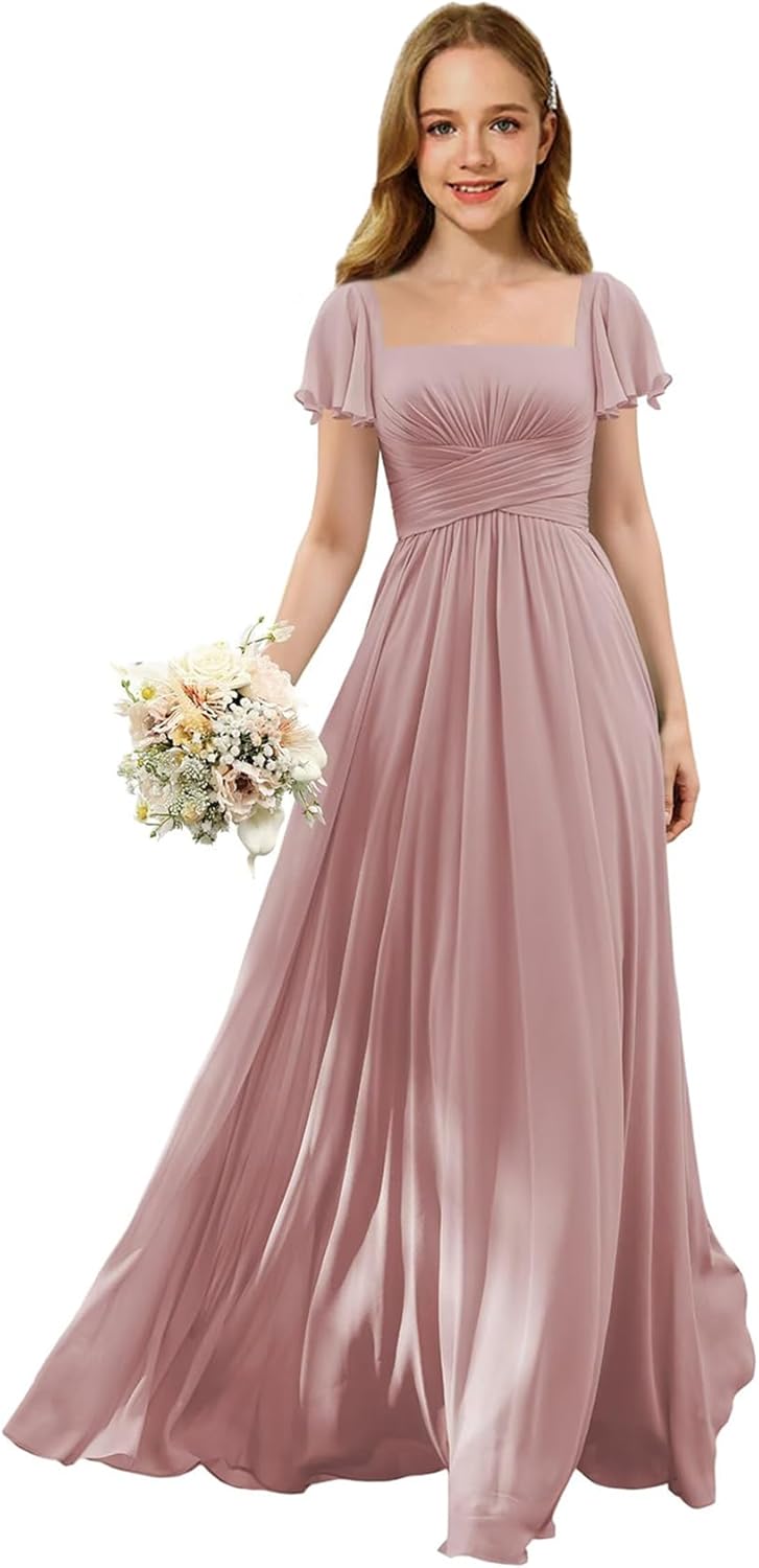 Flutter Sleeves Junior Bridesmaid Dress Square Neck Flower Girl Dresses with Ruffles A Line Wedding Party Gown