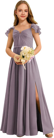 Augday Chiffon Junior Bridesmaid Dress Pleated V-Neck Cap Sleeves A-Line Flower Girl Formal Gown UJR151