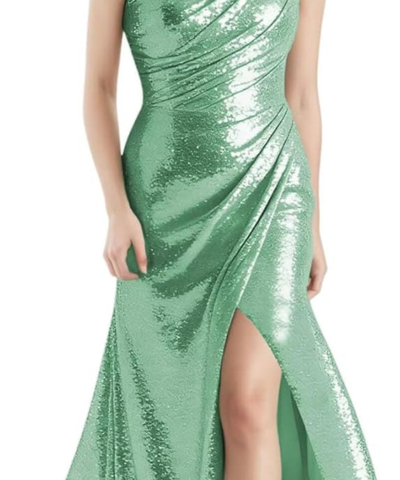 Sequin Girls Prom Dress One Shoulder Junior Bridesmaid Dress with Slit Flower Girl Formal Dresses UJR137