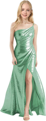 Augday Sequin Girls Prom Dress One Shoulder Junior Bridesmaid Dress with Slit Flower Girl Formal Dresses