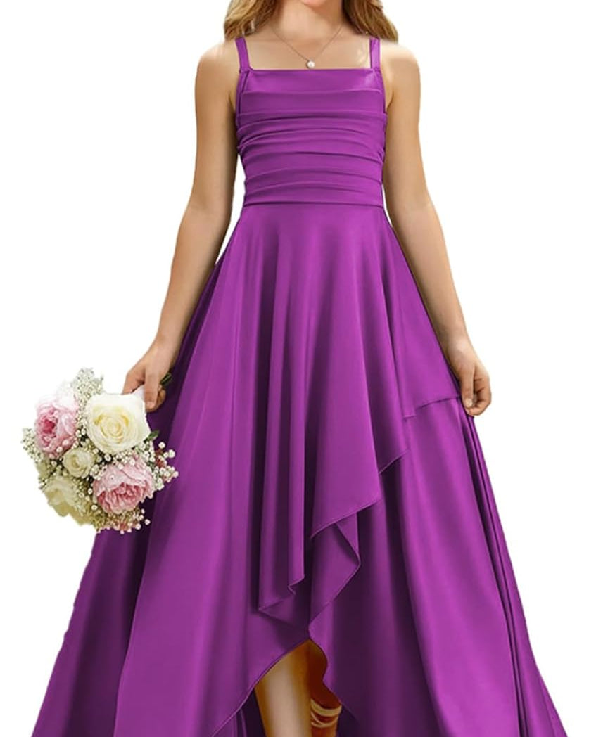 Augday Satin Junior Bridesmaid Dress with Adjustable Straps A-Line Flower Girl Formal Gown UJR150