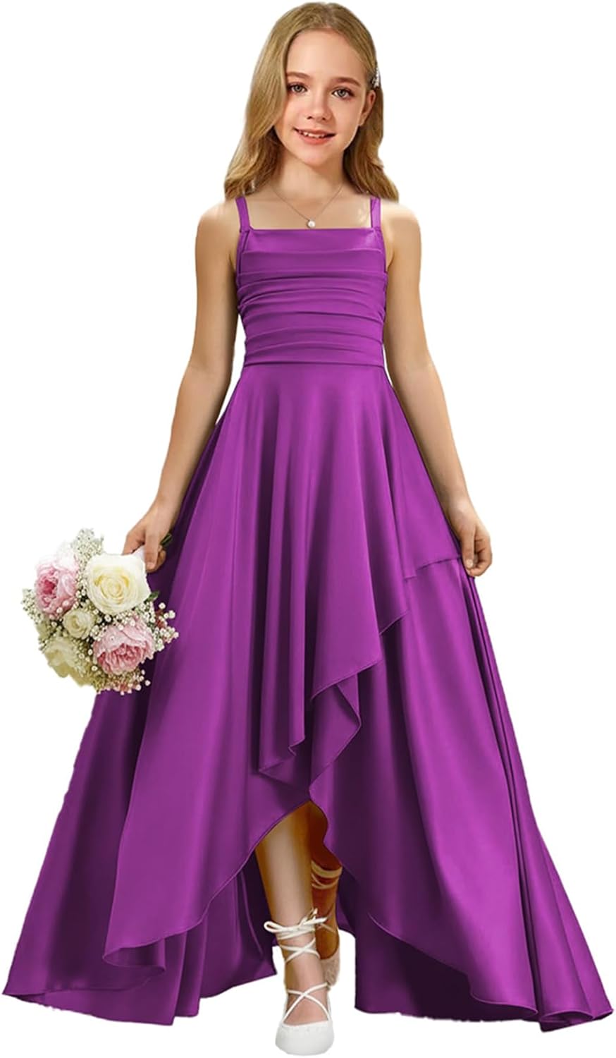 Augday Satin Junior Bridesmaid Dress with Adjustable Straps A-Line Flower Girl Formal Gown UJR150