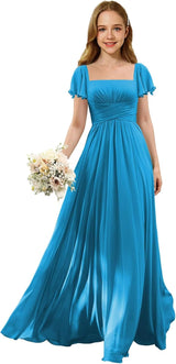 Augday Flutter Sleeves Junior Bridesmaid Dress Square Neck Flower Girl Dresses with Ruffles A Line Wedding Party Gown