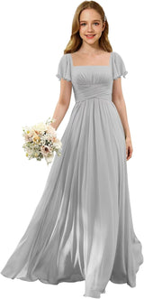 Augday Flutter Sleeves Junior Bridesmaid Dress Square Neck Flower Girl Dresses with Ruffles A Line Wedding Party Gown