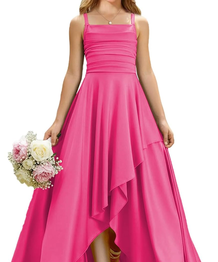 Augday Satin Junior Bridesmaid Dress with Adjustable Straps A-Line Flower Girl Formal Gown UJR150