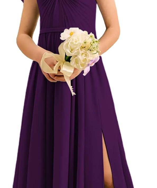 Augday Chiffon Junior Bridesmaid Dress Pleated V-Neck Cap Sleeves A-Line Flower Girl Formal Gown UJR151