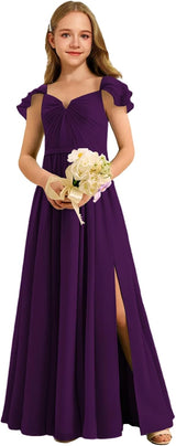 Augday Chiffon Junior Bridesmaid Dress Pleated V-Neck Cap Sleeves A-Line Flower Girl Formal Gown
