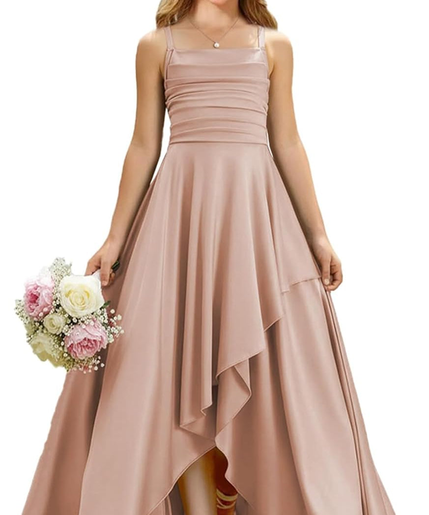 Augday Satin Junior Bridesmaid Dress with Adjustable Straps A-Line Flower Girl Formal Gown UJR150