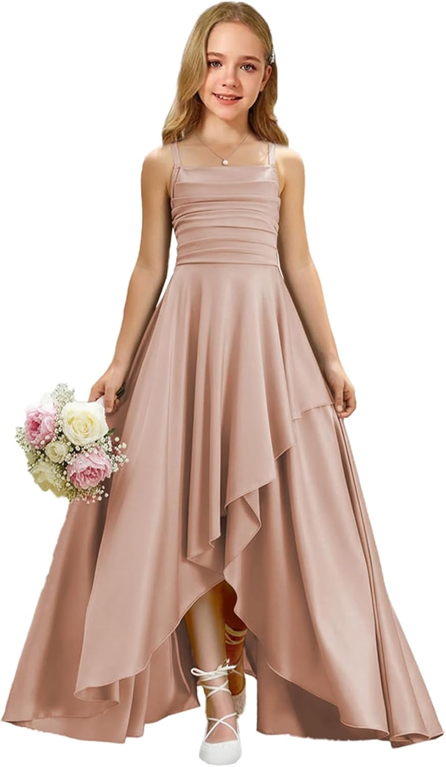 Augday Satin Junior Bridesmaid Dress with Adjustable Straps A-Line Flower Girl Formal Gown UJR150