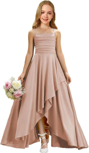 Augday Satin Junior Bridesmaid Dress with Adjustable Straps A-Line Flower Girl Formal Gown UJR150
