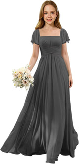 Augday Flutter Sleeves Junior Bridesmaid Dress Square Neck Flower Girl Dresses with Ruffles A Line Wedding Party Gown