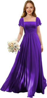 Augday Flutter Sleeves Junior Bridesmaid Dress Square Neck Flower Girl Dresses with Ruffles A Line Wedding Party Gown
